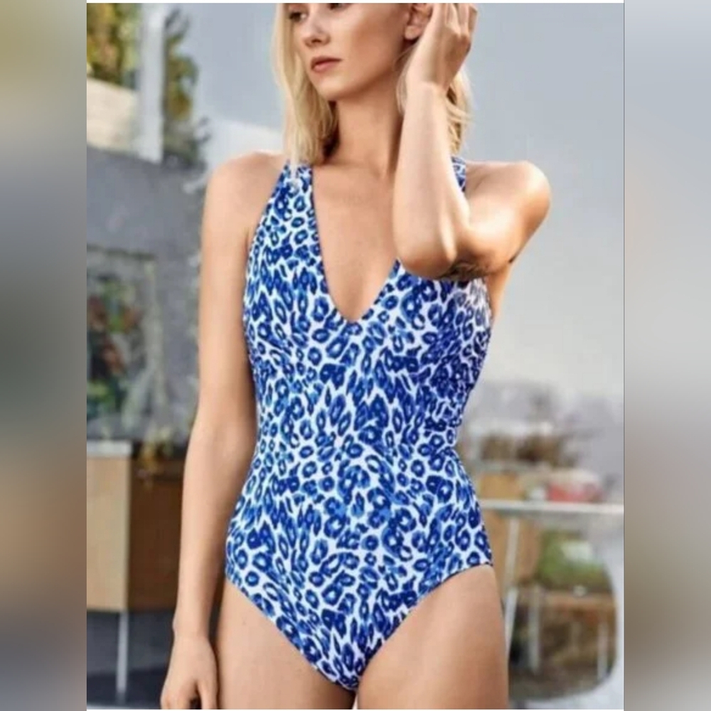 CALME by Johnny Was Cross Back One Piece Leopard Print Swimsuit XS $148